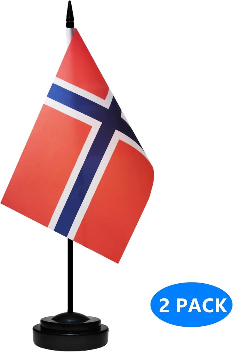 tibijoy Norway Norwegian Deluxe Desk Flag Set Small Mini Miniature Norway Norwegian Table Desktop Flags With Solid Pole, Black Base and Spear Top(2 Pack) - Image 2
